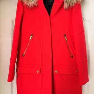 J. Crew Stadium Cloth Red Coat with Faux Fur Trim